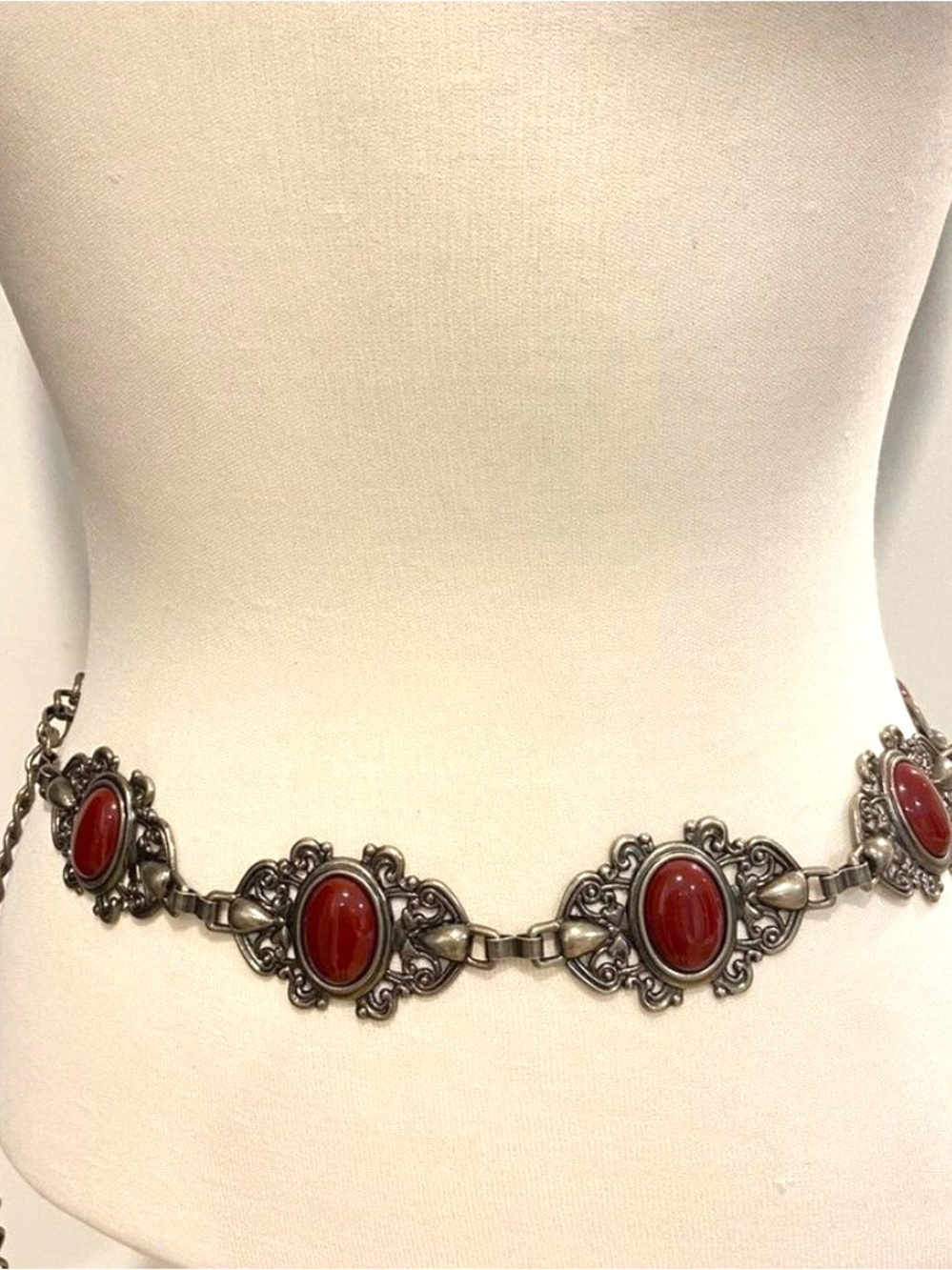 Vintage Boho Brass/Silver-Tone Cabochon Chain Belt 1980s–1990s Statement one siz